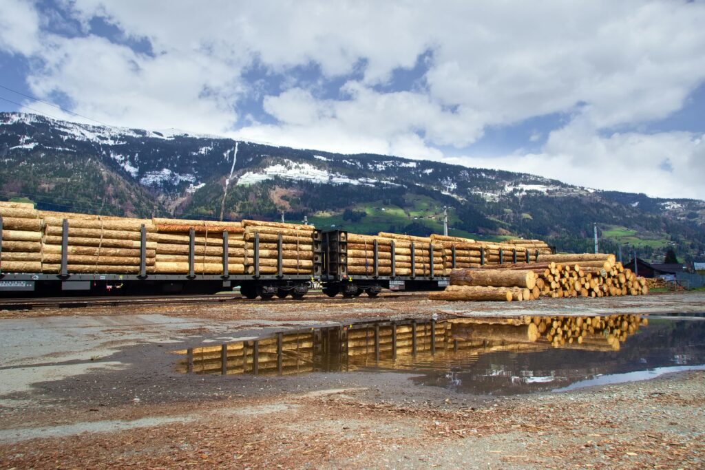 pexels photo 17054697 17054697 A freight train carrying timber logs near Lienz, Austria, reflecting in a puddle.