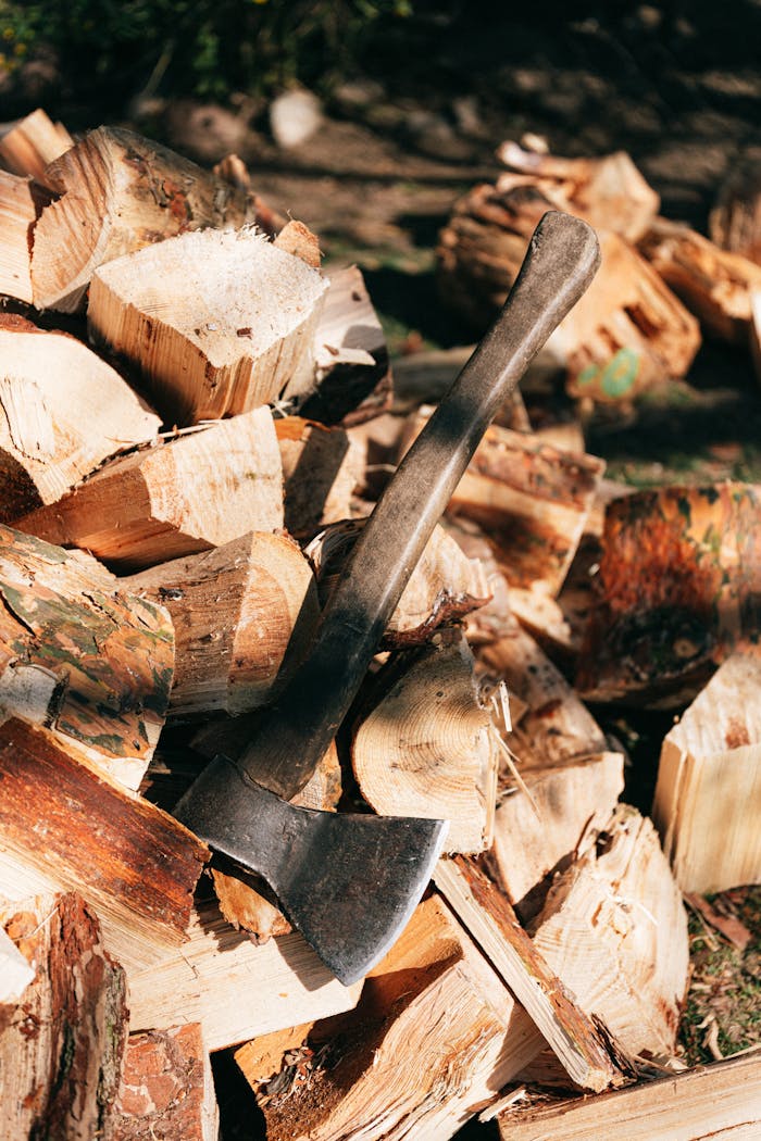gallery-1 A rustic axe resting on a heap of split firewood in a sunlit outdoor setting.
